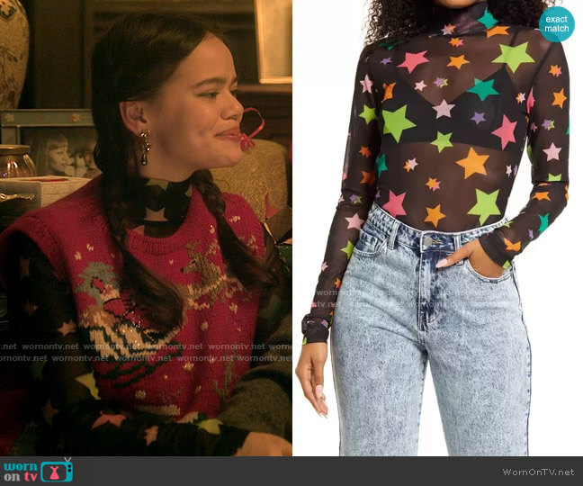 Be Proud by BP. Gender Inclusive Print Mesh Turtleneck Top worn by Minnie 'Mouse' Honrada (Malia Pyles) on Pretty Little Liars Original Sin
