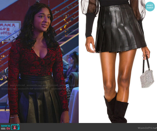 Alice + Olivia Carter Vegan Leather Pleated Skirt worn by Devi Vishwakumar (Maitreyi Ramakrishnan) on Never Have I Ever