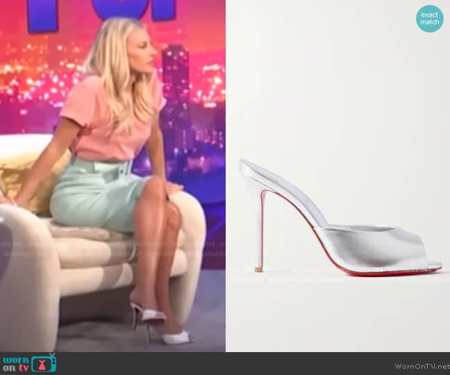 Christian Louboutin Me Dolly 100 metallic leather mules worn by Morgan Stewart on E! News