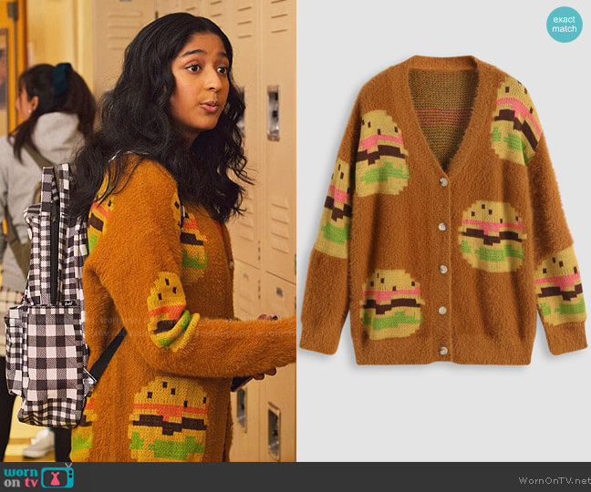 Cider Hamburger Knit Cardigan worn by Devi Vishwakumar (Maitreyi Ramakrishnan) on Never Have I Ever