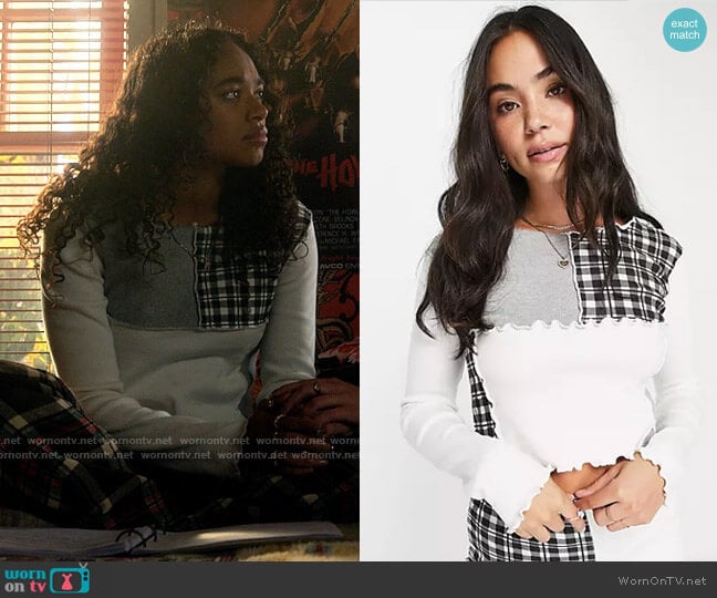 Daisy Street Long Sleeve Crop T-shirt in Patchwork worn by Tabitha 'Tabby' Hayworth (Chandler Kinney) on Pretty Little Liars Original Sin