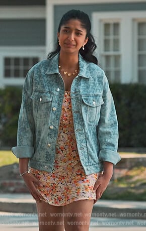 Devi’s printed denim jacket on Never Have I Ever