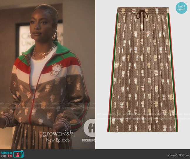 Gucci x Doraemon technical jersey skirt worn by Annika (Justine Skye) on Grown-ish