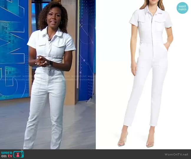 Good American Fit for Success Stretch Cotton Twill Jumpsuit in White worn by Janai Norman on Good Morning America