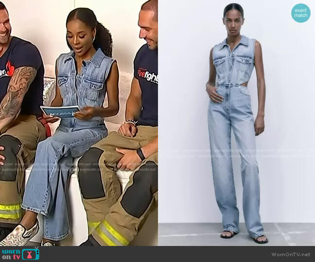 Zara Full Length Cut Out Denim Jumpsuit worn by Zuri Hall on Access Hollywood