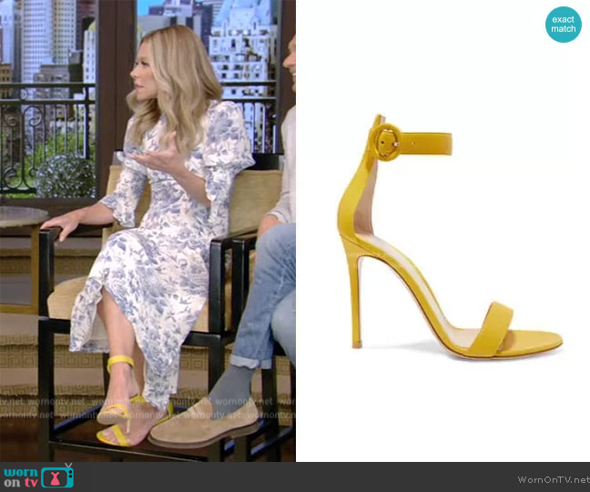 Gianvito Rossi Portofino 105mm Suede Sandals worn by Kelly Ripa on Live with Kelly and Mark