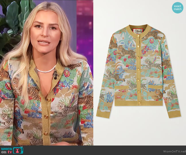 Gucci Chinese New Year metallic jacquard cardigan worn by Morgan Stewart on E! News