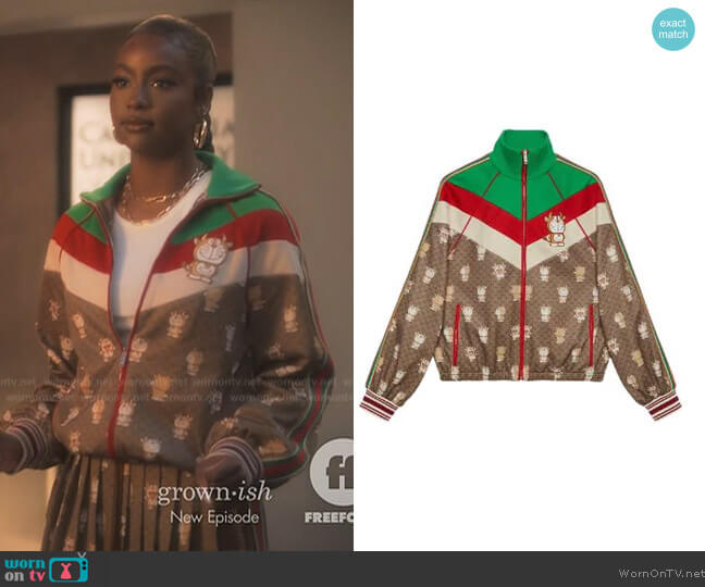 Gucci x Doraemon bomber jacket worn by Annika (Justine Skye) on Grown-ish