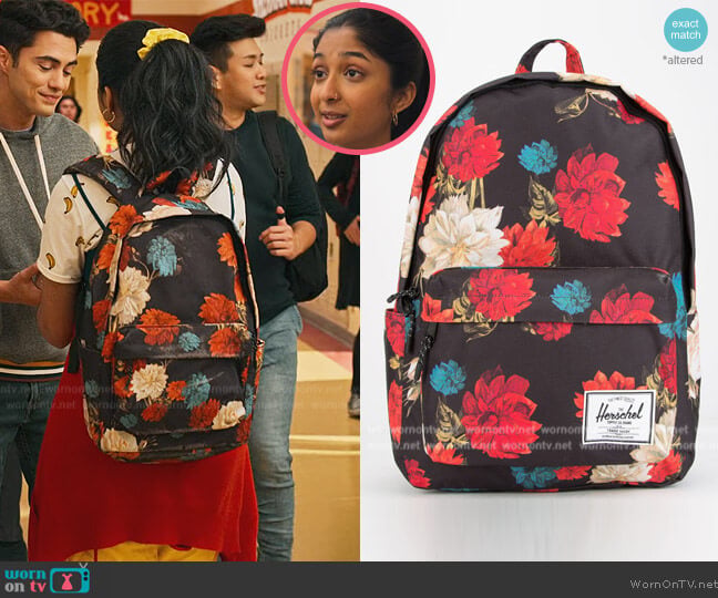 Herschel Classic XL Vintage Floral Black Backpack worn by Devi Vishwakumar (Maitreyi Ramakrishnan) on Never Have I Ever