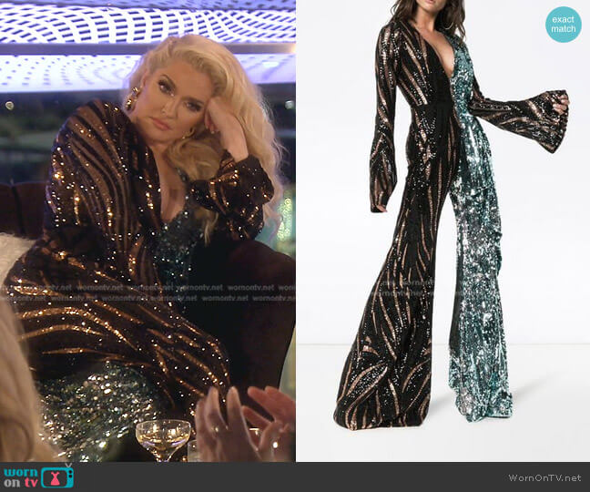 Halpern Tiger-print Sequined Tulle Jumpsuit worn by Erika Jayne on The Real Housewives of Beverly Hills