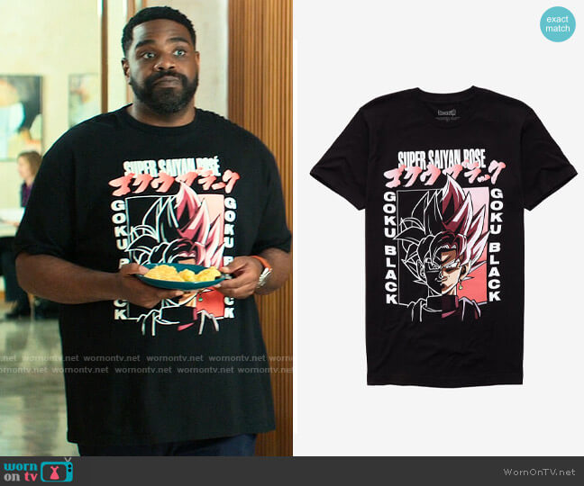 Hot Topic Dragon Ball Super Super Saiyan Rose Goku Black T-Shirt worn by Howard (Ron Funches) on Loot