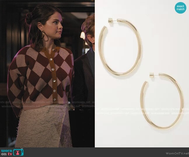 Jennifer Fisher Law gold-plated hoop earrings worn by Mabel Mora (Selena Gomez) on Only Murders in the Building
