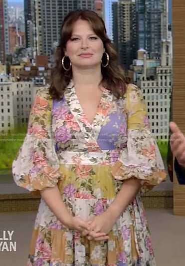 Katie Lowes’s floral patchwork wrap dress on Live with Kelly and Ryan