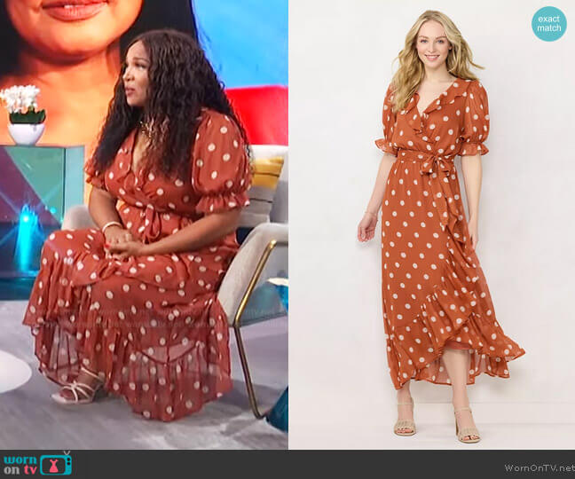LC Lauren Conrad Polka-Dot Ruffle Faux-Wrap Dress worn by Kym Whitley on E! News
