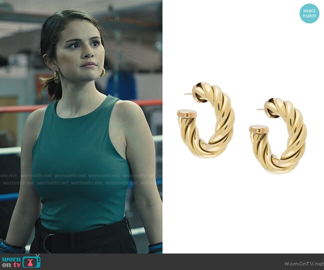 Laura Lombardi Spira gold-tone hoop earrings worn by Mabel Mora (Selena Gomez) on Only Murders in the Building