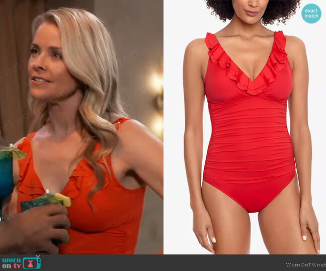 Lauren Ralph Lauren Tummy-Control Underwire Ruffled One-Piece Swimsuit worn by Felicia Scorpio (Kristina Wagner) on General Hospital