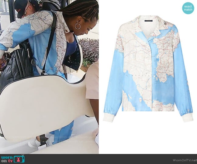Louis Vuitton Map Print Silk Shirt worn by Kandi Burruss on The Real Housewives of Atlanta