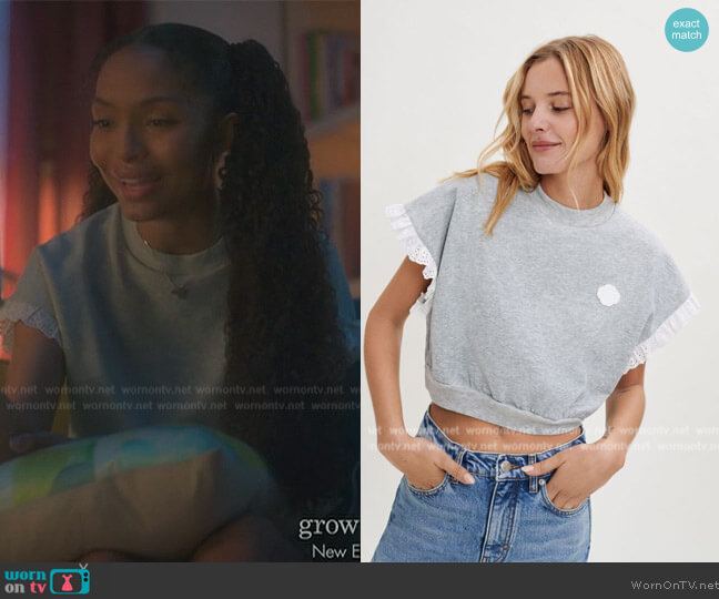 Maje Sweatshirt with Embroidered Ruffles worn by Zoey Johnson (Yara Shahidi) on Grown-ish