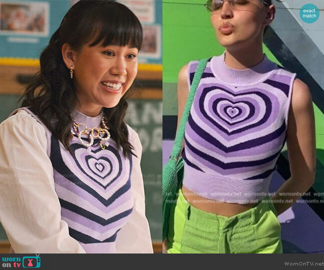 Micas Heart Jacquard Knit Vest worn by Eleanor Wong (Ramona Young) on Never Have I Ever