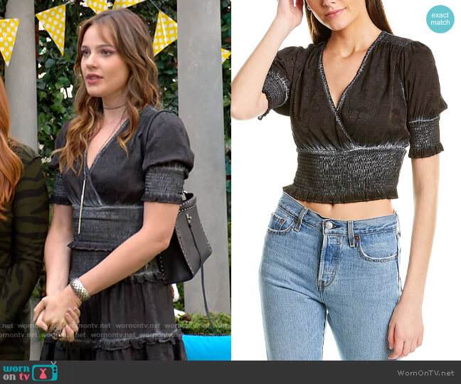 Nicole Miller Jacquard Garment-Dyed Silk-Blend Crop Top worn by Tessa Porter (Cait Fairbanks) on The Young and the Restless