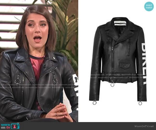 Off-White Printed Biker Leather Jacket worn by Daryn Carp on E! News