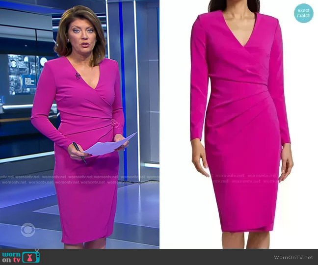 Badgley Mischka Odessa Ruched Sheath Dress worn by Norah O'Donnell on CBS Evening News