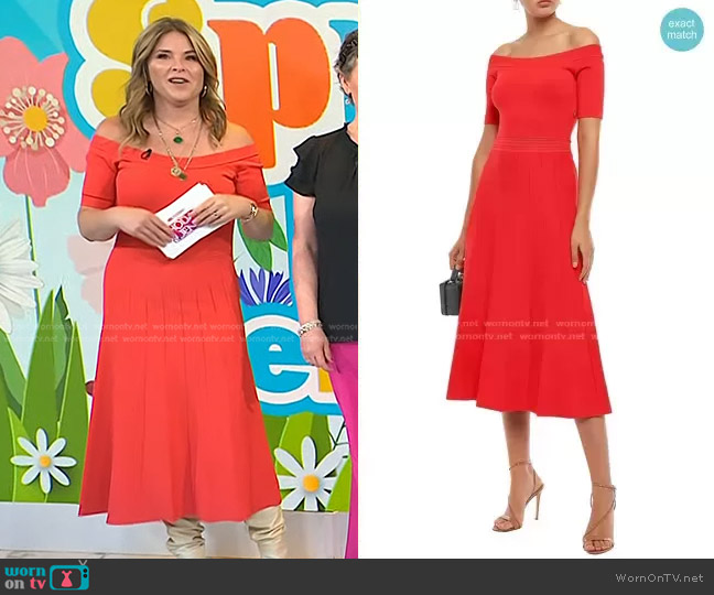 Lela Rose Off-the-Shoulder Pointelle-Trimmed Stretch-Knit Midi Dress worn by Jenna Bush Hager on Today