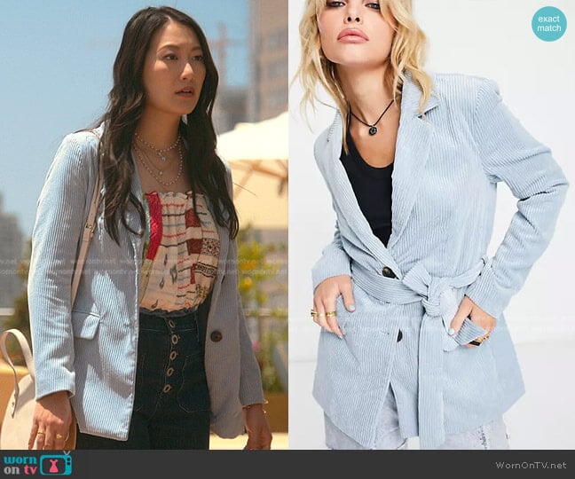 Only Cord as Asos Belted Blazer in Blue worn by Sumi (Kara Wang) on Good Trouble