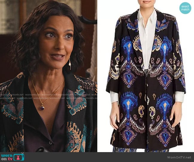 Kobi Halperin Paige Embroidered Coat worn by Nalini Vishwakumar (Poorna Jagannathan) on Never Have I Ever