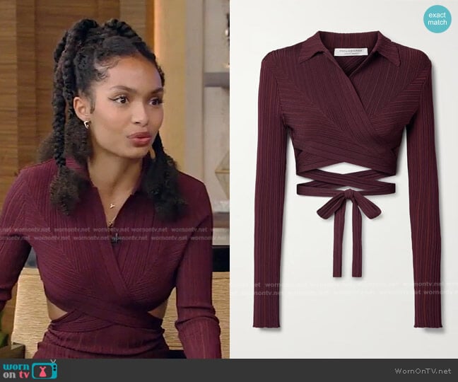 Philosophy di Lorenzo Serafini Cropped Ribbed-Knit Wrap Top worn by Yara Shahidi on Live with Kelly and Mark