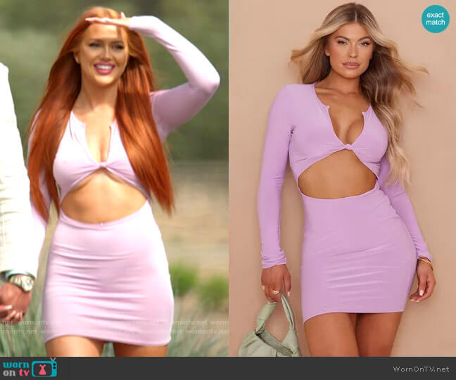 Pretty Little Thing Lilac Slinky Knot Bust Long Sleeve Cut Out Bodycon Dress worn by Sydney Paight on Love Island USA