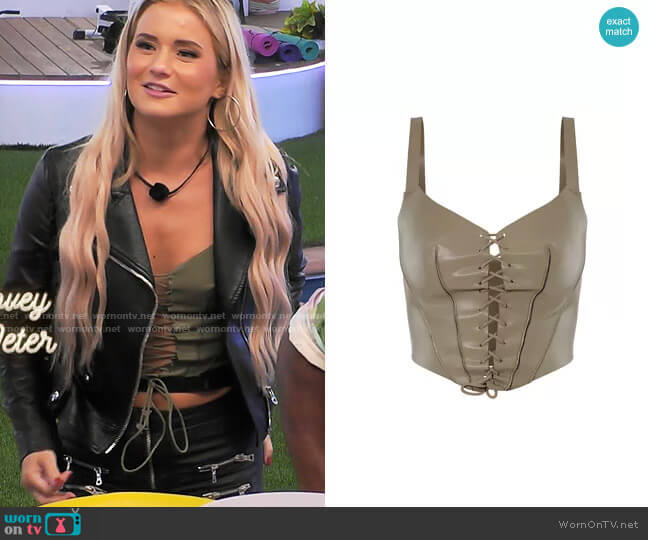 Pretty Little Thing Olive Faux Leather Sweetheart Lace Up Corset worn by Deb Chubb on Love Island USA