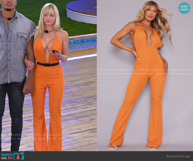 Pretty Little Thing Orange Bandage Plunge Flared Leg Jumpsuit worn by Mackenzie Dipman on Love Island USA