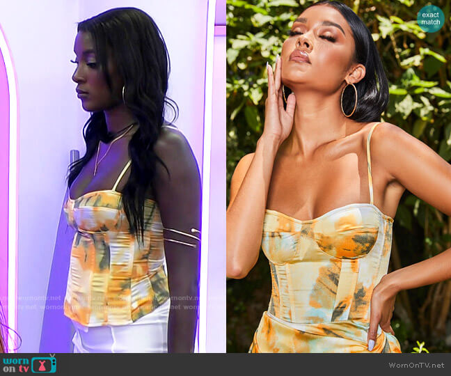 Pretty Little Thing Orange Tie Dye Print Structured Corset Top worn by Zeta Morrison on Love Island USA