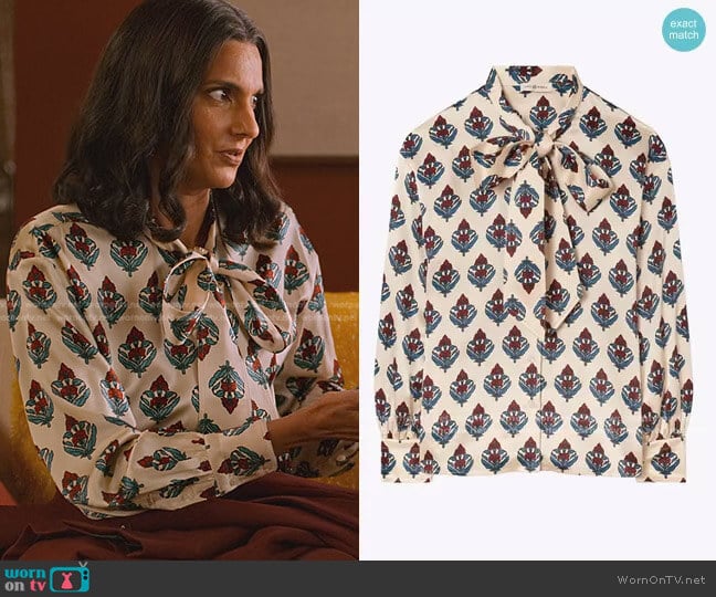 Tory Burch Printed Bow Blouse worn by Nalini Vishwakumar (Poorna Jagannathan) on Never Have I Ever
