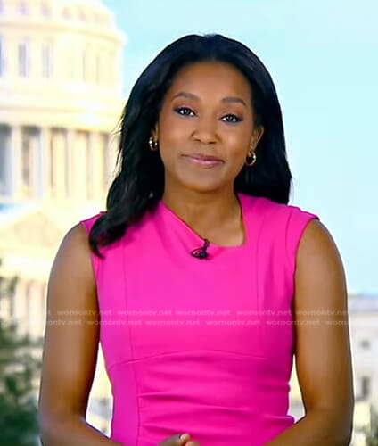 Rachel’s pink asymmetric neck dress on Good Morning America