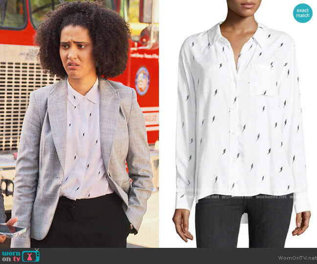 Rails Rocsi Button-Front Single-Pocket Shirt w/ Lightning Bolt Print worn by Fabiola Torres (Lee Rodriguez) on Never Have I Ever