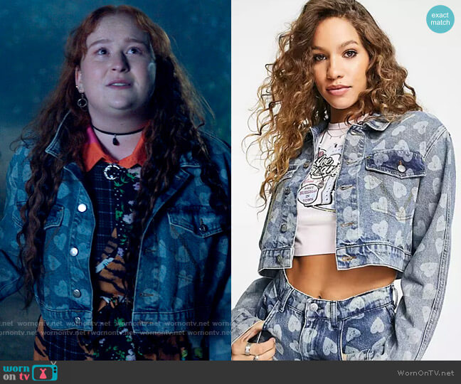 Reclaimed Vintage Inspired Denim Jacket in Heart Print worn by Ashlyn (Julia Lester) on High School Musical The Musical The Series