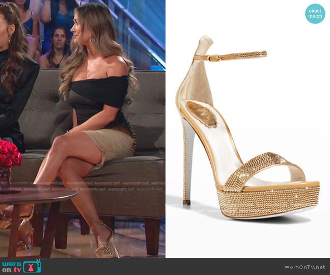 Rene Caovilla Crystal Ankle-Strap Platform Sandals in Metallic Sun worn by Rachel Recchia on The Bachelorette