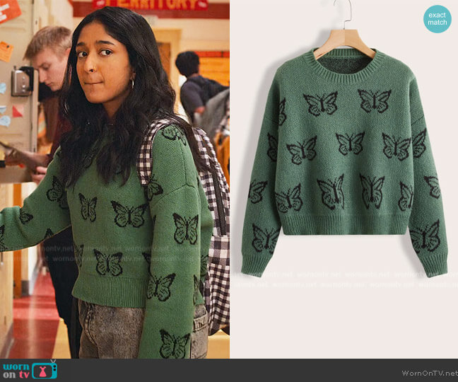Romwe Butterfly Pattern Sweater worn by Devi Vishwakumar (Maitreyi Ramakrishnan) on Never Have I Ever