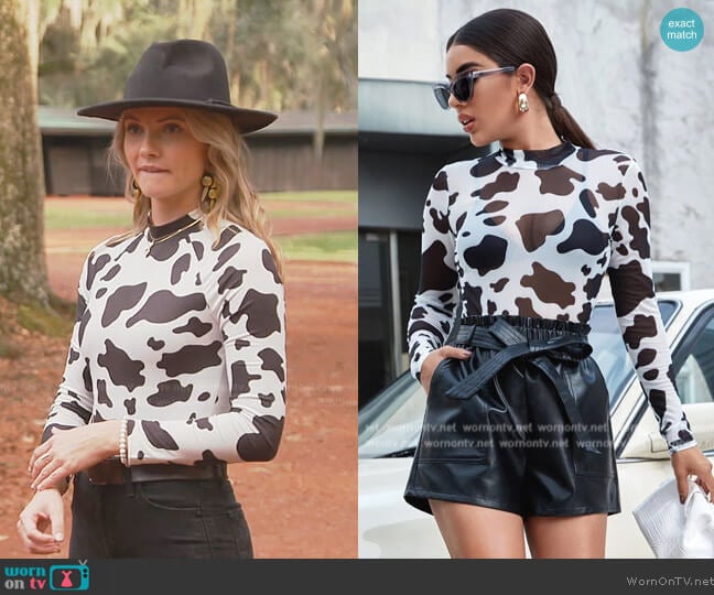 Shein Mock Neck Cow Print Mesh Sheer Top Without Bra worn by Taylor Ann Green on Southern Charm