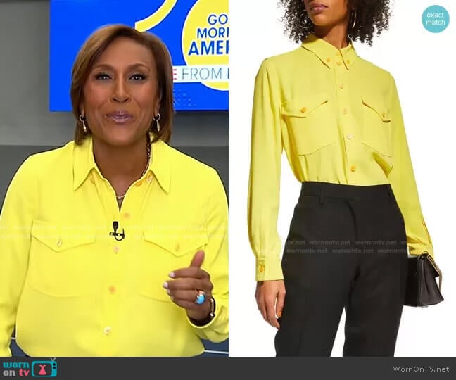 Burberry Scarves Draped Chain Pocket Button-Down Shirt worn by Robin Roberts on Good Morning America
