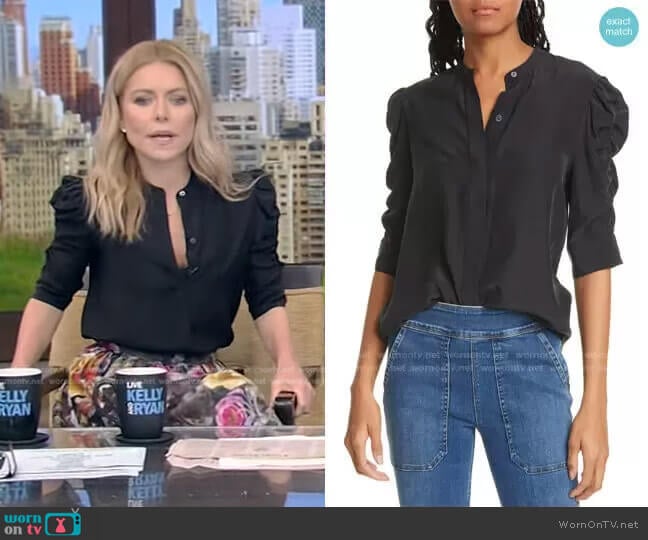 Frame Shirred Sleeve Silk Blouse worn by Kelly Ripa on Live with Kelly and Mark
