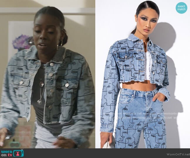 Akira Faces Denim Jacket worn by Kiesha Williams (Birgundi Baker) on The Chi