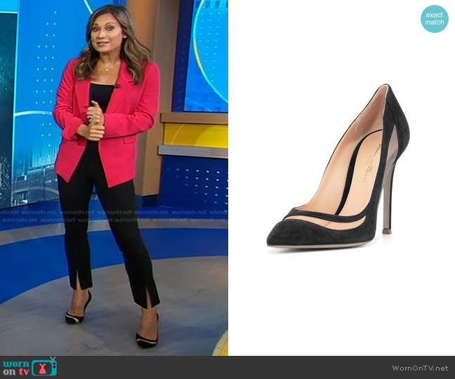 Gianvito Rossi Suede & Tulle Keyhole Pump worn by Ginger Zee on Good Morning America