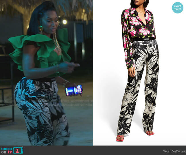 Tom Ford Hibiscus-Print Silk Pajama Pants worn by Marlo Hampton on The Real Housewives of Atlanta