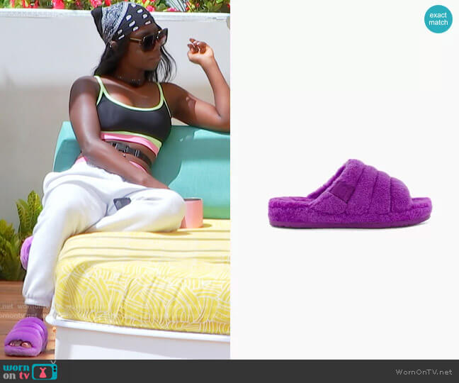 Ugg Fluff You Slipper in Purple Sky worn by Sereniti Springs on Love Island USA