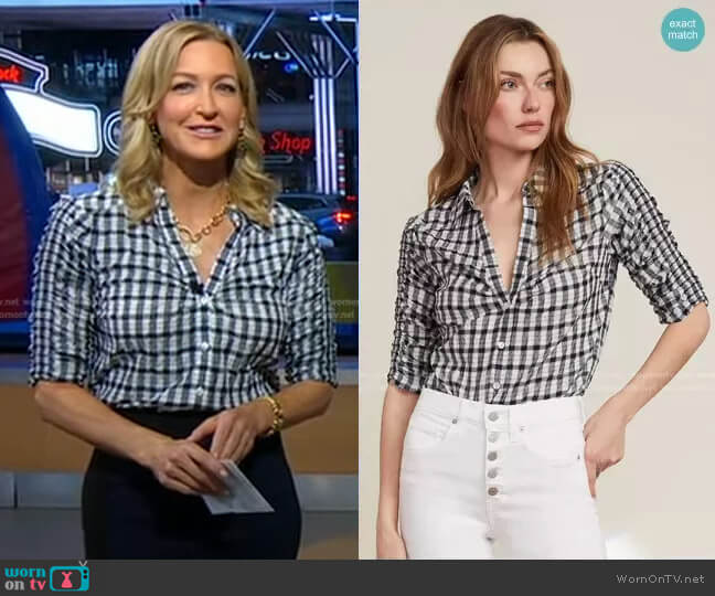 Veronica Beard Porta Crinkled Plaid Shirt worn by Lara Spencer on Good Morning America