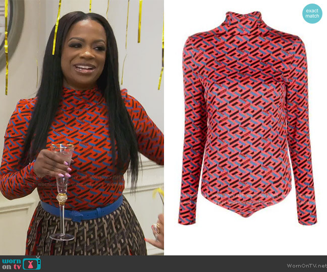 Versace La Greca print bodysuit worn by Kandi Burruss on The Real Housewives of Atlanta