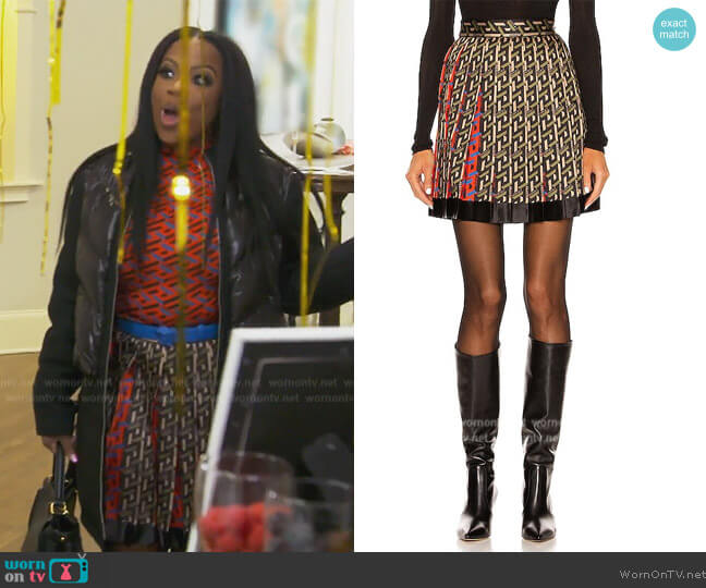Versace Monogram Pleated Mini Skirt worn by Kandi Burruss on The Real Housewives of Atlanta